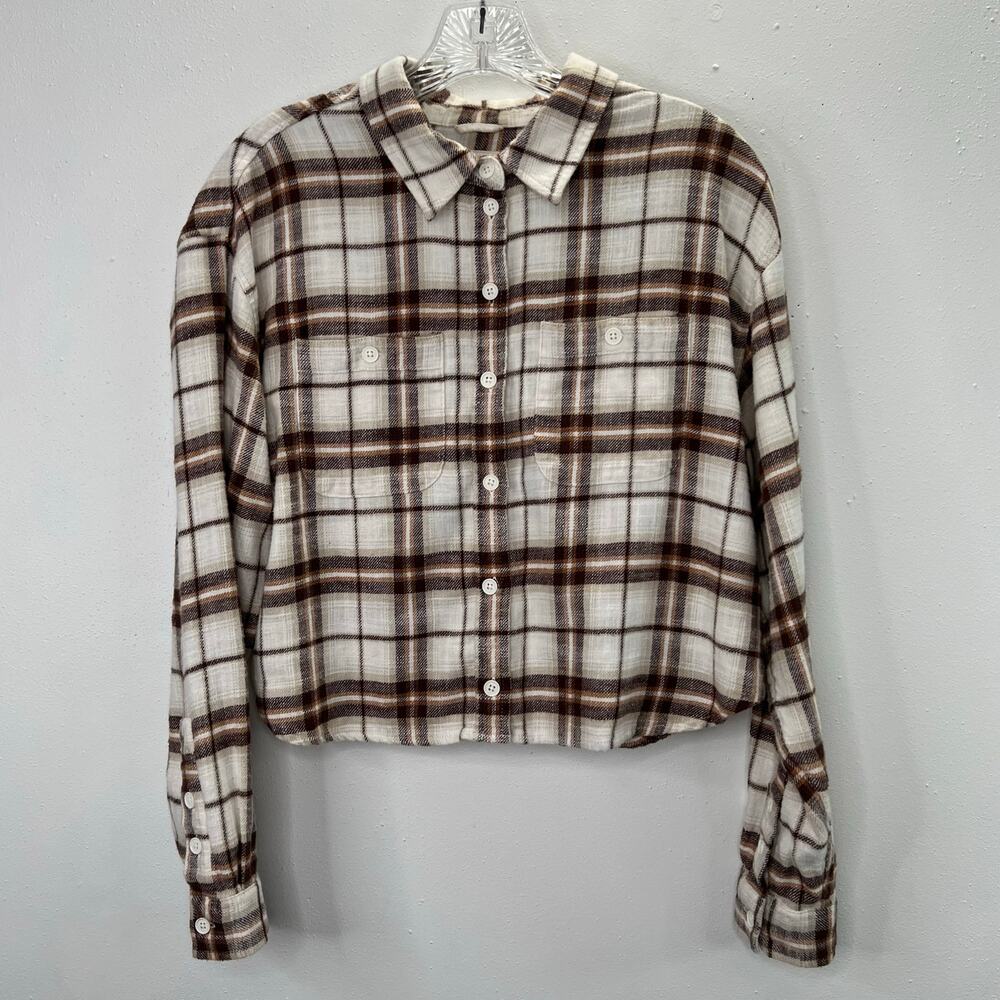 American Eagle Flannel Shirt Cropped XS Women Brown Beige 100% Cotton Neutral - Picture 2 of 6